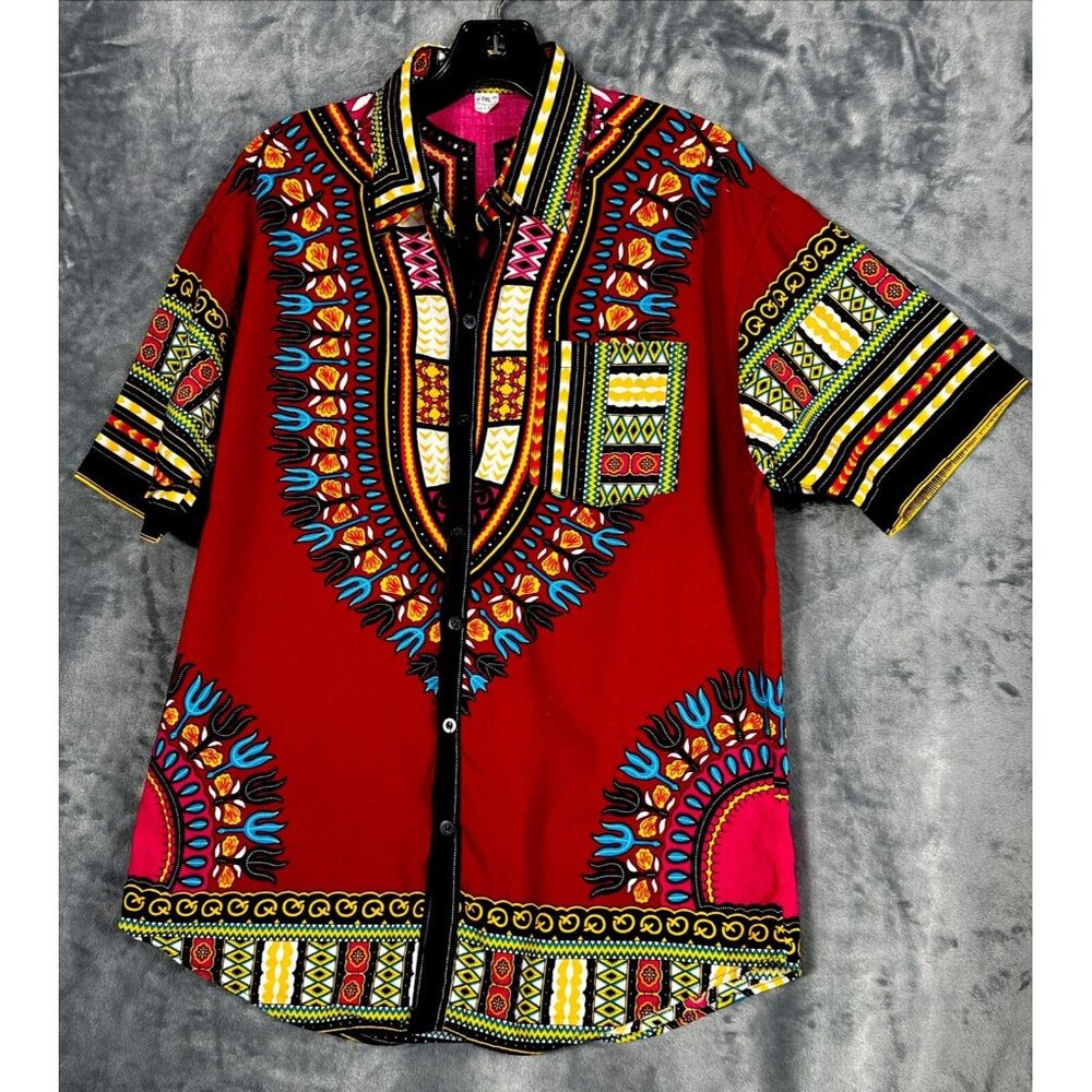 African Fabrics Floral Red Yellow Blue Indigo Stylish Top Blouse Women 2 X-Large - Picture 1 of 15
